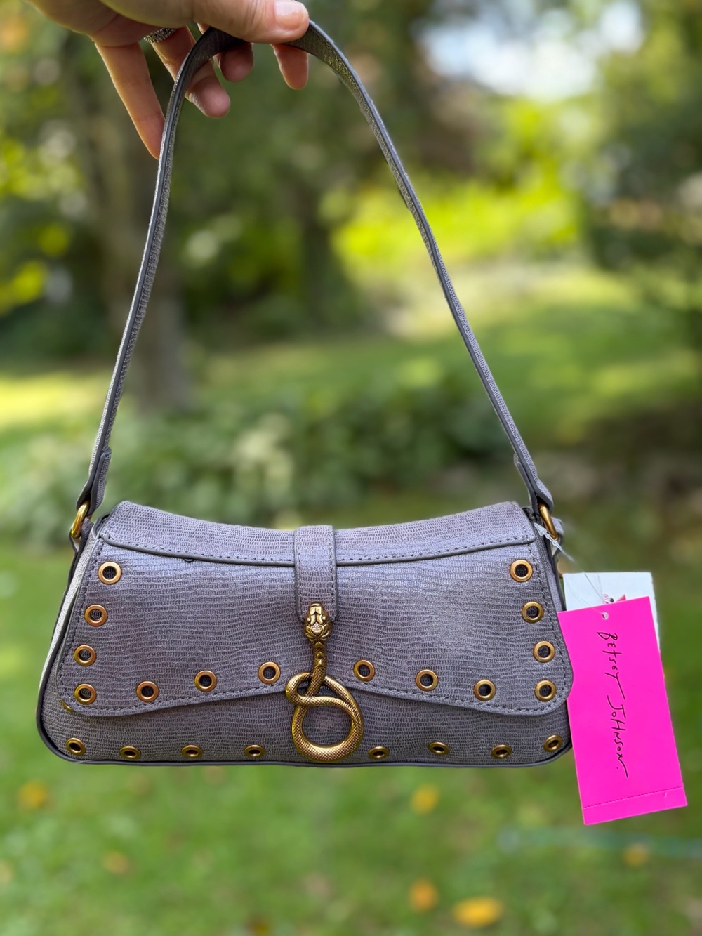 NWT & RARE! Betsey Johnson Gold Snake Studded Grey Mauve Textured Shoulderbag